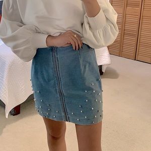 Beaded Mini Denim Skirt